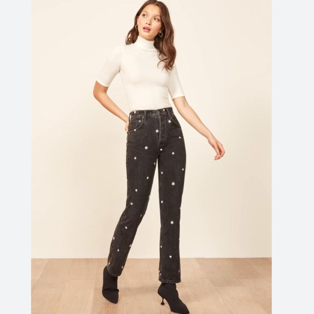 Reformation Cynthia High Relaxed Black Daisy Jeans